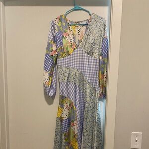 Blue plaid and flower maxi dress